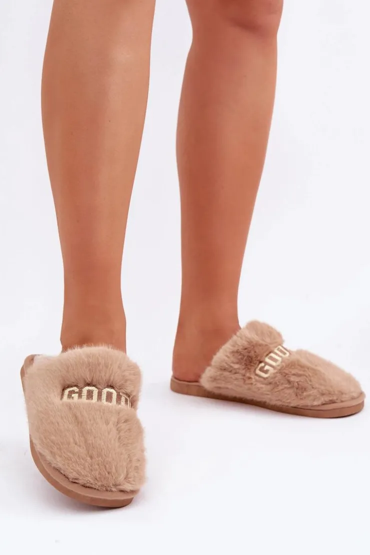 Best Boto Kapcie Damskie Z Futerkiem I Napisem Brązowe Kalelia Brązowy