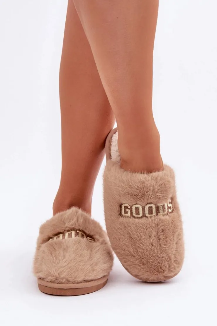 Best Boto Kapcie Damskie Z Futerkiem I Napisem Brązowe Kalelia Brązowy