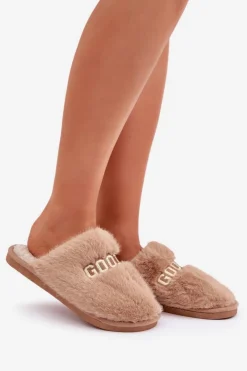 Best Boto Kapcie Damskie Z Futerkiem I Napisem Brązowe Kalelia Brązowy
