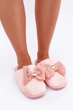 Discount Boto Kapcie Damskie Z Futerkiem I Kokardą Różowe Olfedi Różowy