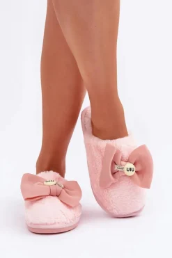Discount Boto Kapcie Damskie Z Futerkiem I Kokardą Różowe Olfedi Różowy