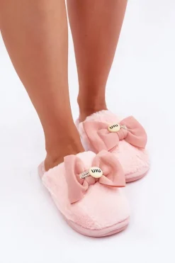 Discount Boto Kapcie Damskie Z Futerkiem I Kokardą Różowe Olfedi Różowy