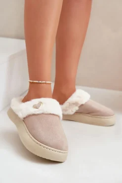 Boto Kapcie Klasyczne*Kapcie Damskie Z Futerkiem I Ozdobnym Sercem Beżowe Otielo