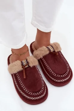 Boto Kapcie Klasyczne|Klapki Z Futerkiem*Kapcie Damskie Z Futerkiem I Haftem Bordowe Perivelle