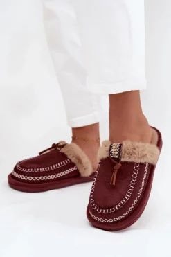 Boto Kapcie Klasyczne|Klapki Z Futerkiem*Kapcie Damskie Z Futerkiem I Haftem Bordowe Perivelle