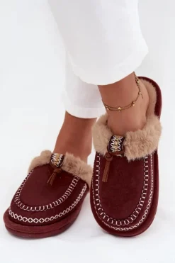 Boto Kapcie Klasyczne|Klapki Z Futerkiem*Kapcie Damskie Z Futerkiem I Haftem Bordowe Perivelle