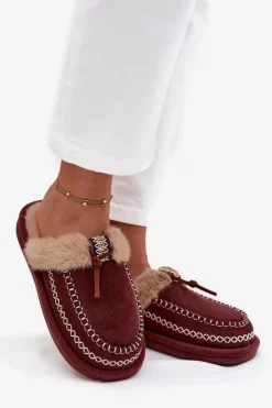 Boto Kapcie Klasyczne|Klapki Z Futerkiem*Kapcie Damskie Z Futerkiem I Haftem Bordowe Perivelle