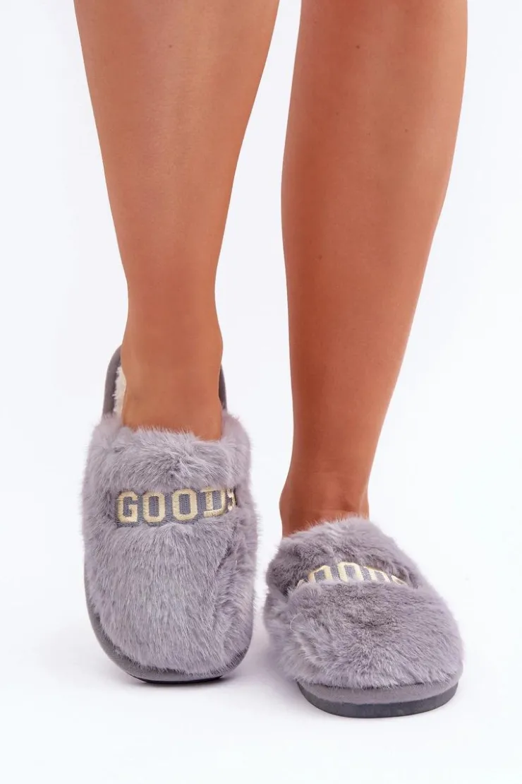 Damskie Boto Kapcie Damskie Z Futerkiem I Napisem Szare Kalelia