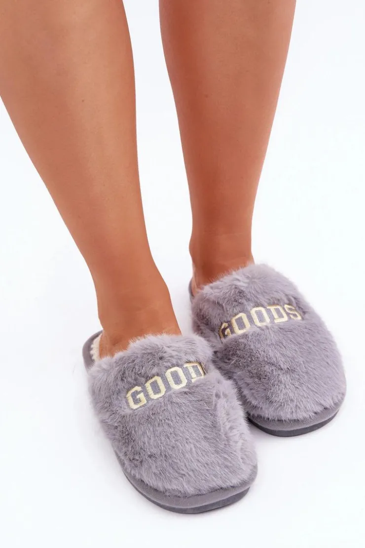 Damskie Boto Kapcie Damskie Z Futerkiem I Napisem Szare Kalelia