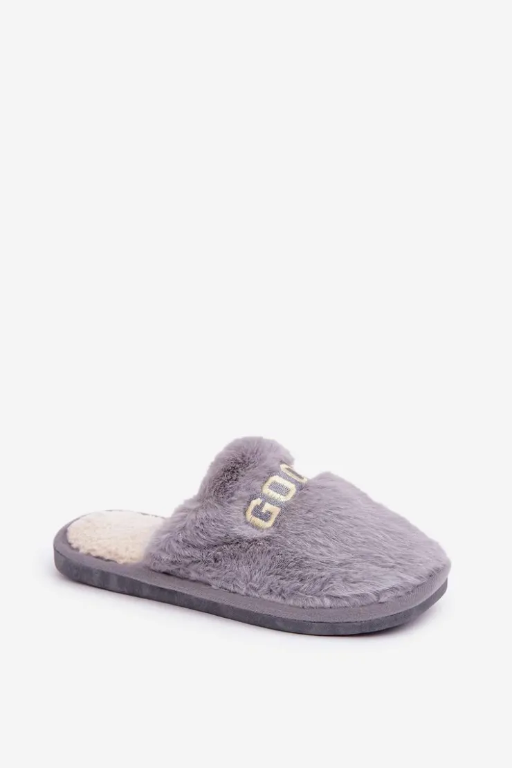 Damskie Boto Kapcie Damskie Z Futerkiem I Napisem Szare Kalelia