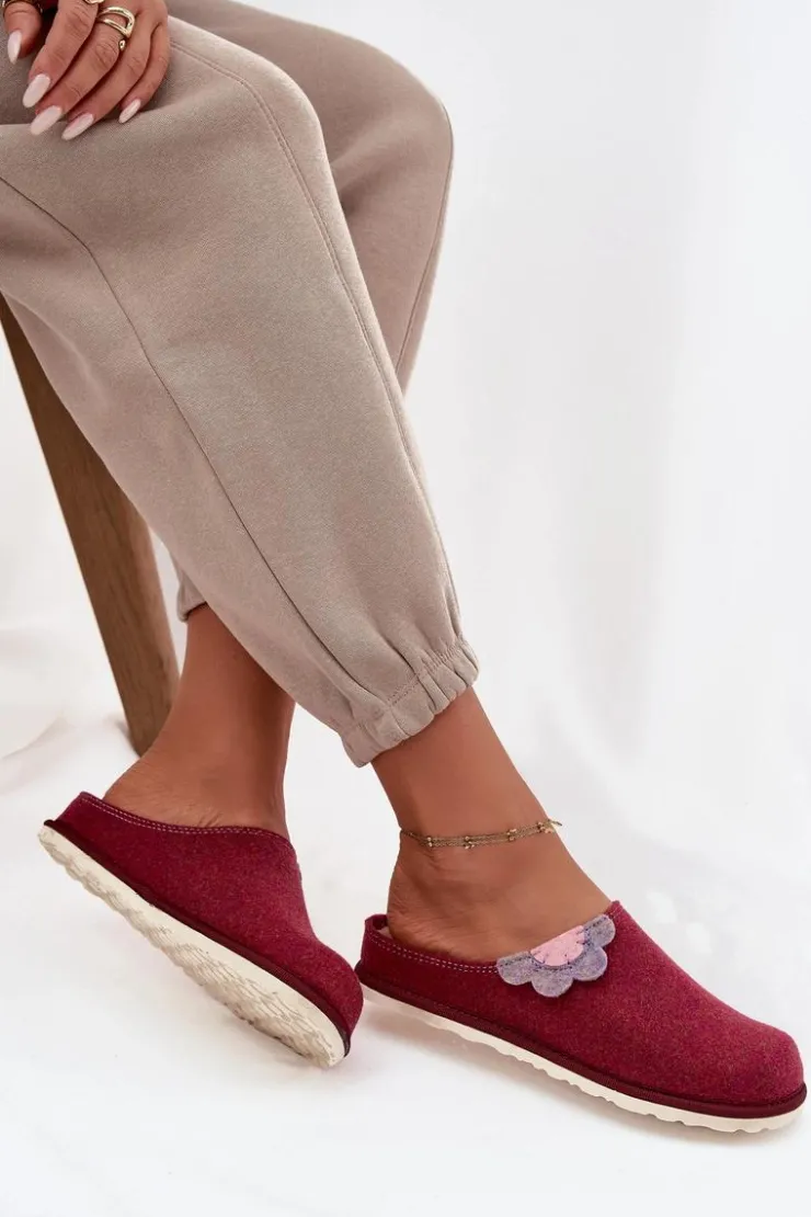 INBLU Kapcie Klasyczne|Klapki Damskie Klasyczne*Kapcie Damskie Z Kwiatkiem CS000043 Bordowe Różowy