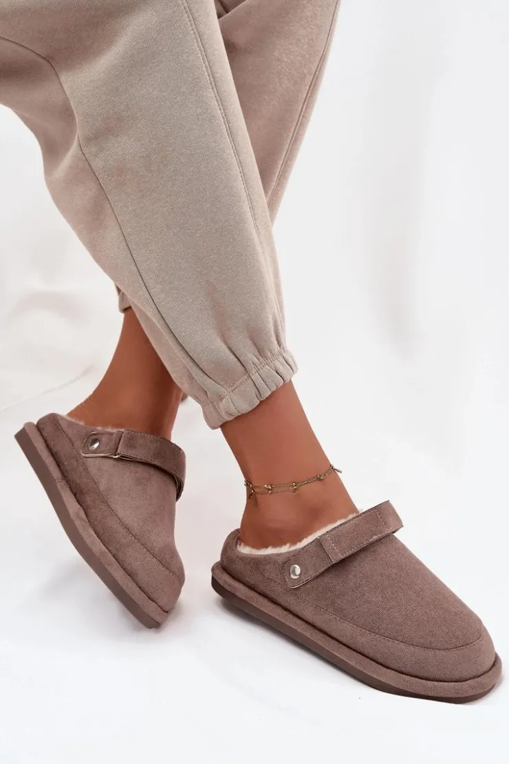 Boto Śniegowce Damskie|Kapcie Klasyczne*Kapcie Damskie Z Paskiem Ocieplane Futerkiem Ciemnobeżowe Rilena Beżowy