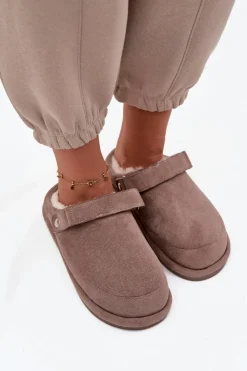 Boto Śniegowce Damskie|Kapcie Klasyczne*Kapcie Damskie Z Paskiem Ocieplane Futerkiem Ciemnobeżowe Rilena Beżowy