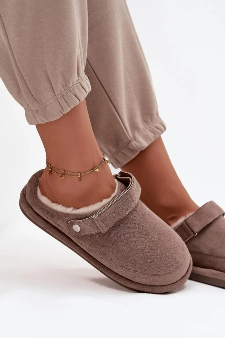 Boto Śniegowce Damskie|Kapcie Klasyczne*Kapcie Damskie Z Paskiem Ocieplane Futerkiem Ciemnobeżowe Rilena Beżowy