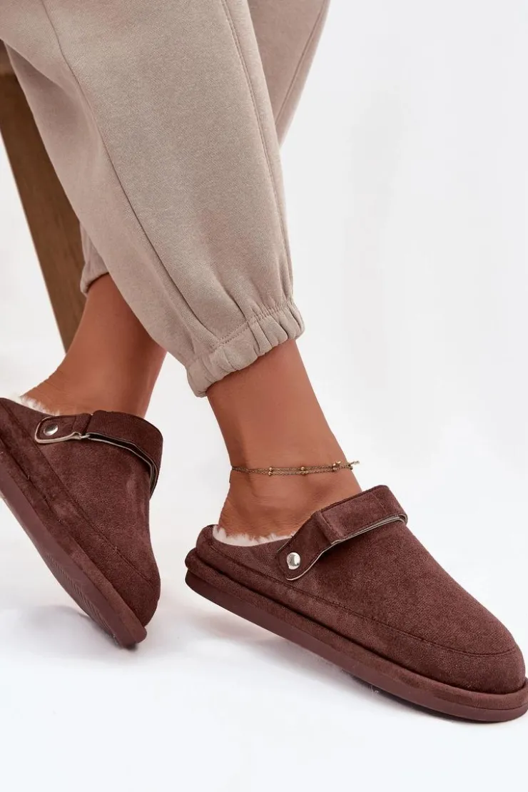 Discount Boto Kapcie Damskie Z Paskiem Ocieplane Futerkiem Czekoladowe Rilena Brązowy