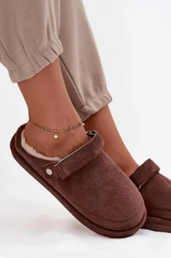 Discount Boto Kapcie Damskie Z Paskiem Ocieplane Futerkiem Czekoladowe Rilena Brązowy