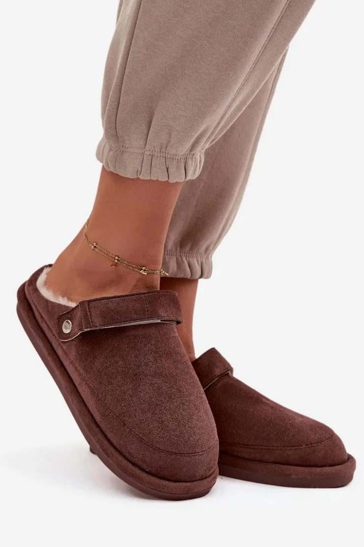 Discount Boto Kapcie Damskie Z Paskiem Ocieplane Futerkiem Czekoladowe Rilena Brązowy