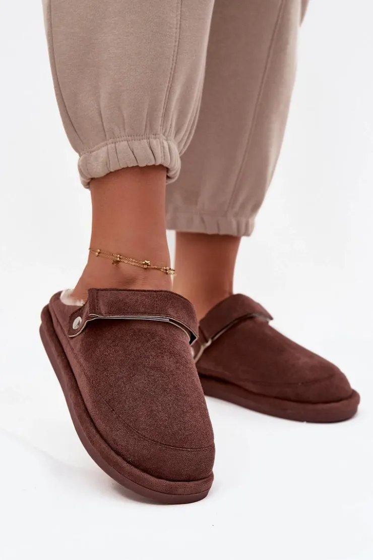 Discount Boto Kapcie Damskie Z Paskiem Ocieplane Futerkiem Czekoladowe Rilena Brązowy