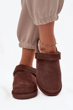 Discount Boto Kapcie Damskie Z Paskiem Ocieplane Futerkiem Czekoladowe Rilena Brązowy