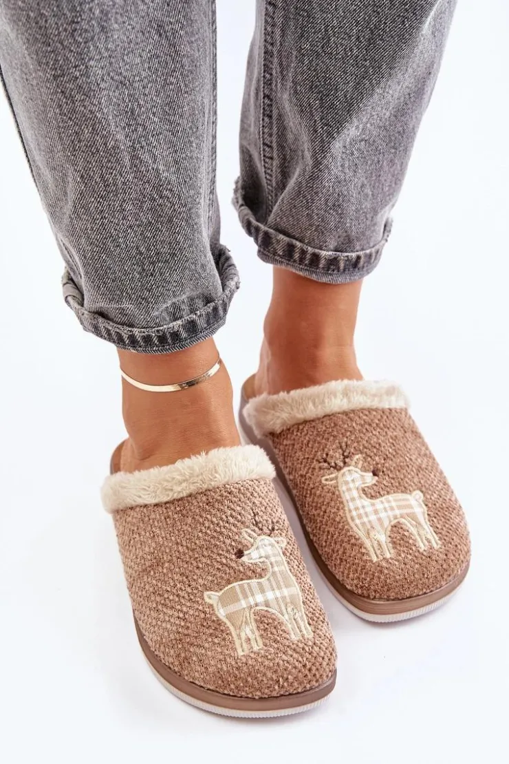 Online INBLU Kapcie Damskie Z Reniferem I Futerkiem CT000034 Beżowe Beżowy