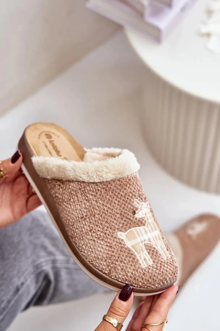 Online INBLU Kapcie Damskie Z Reniferem I Futerkiem CT000034 Beżowe Beżowy