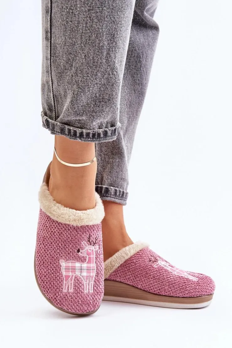 Damskie INBLU Kapcie Damskie Z Reniferem I Futerkiem CT000034 Różowe