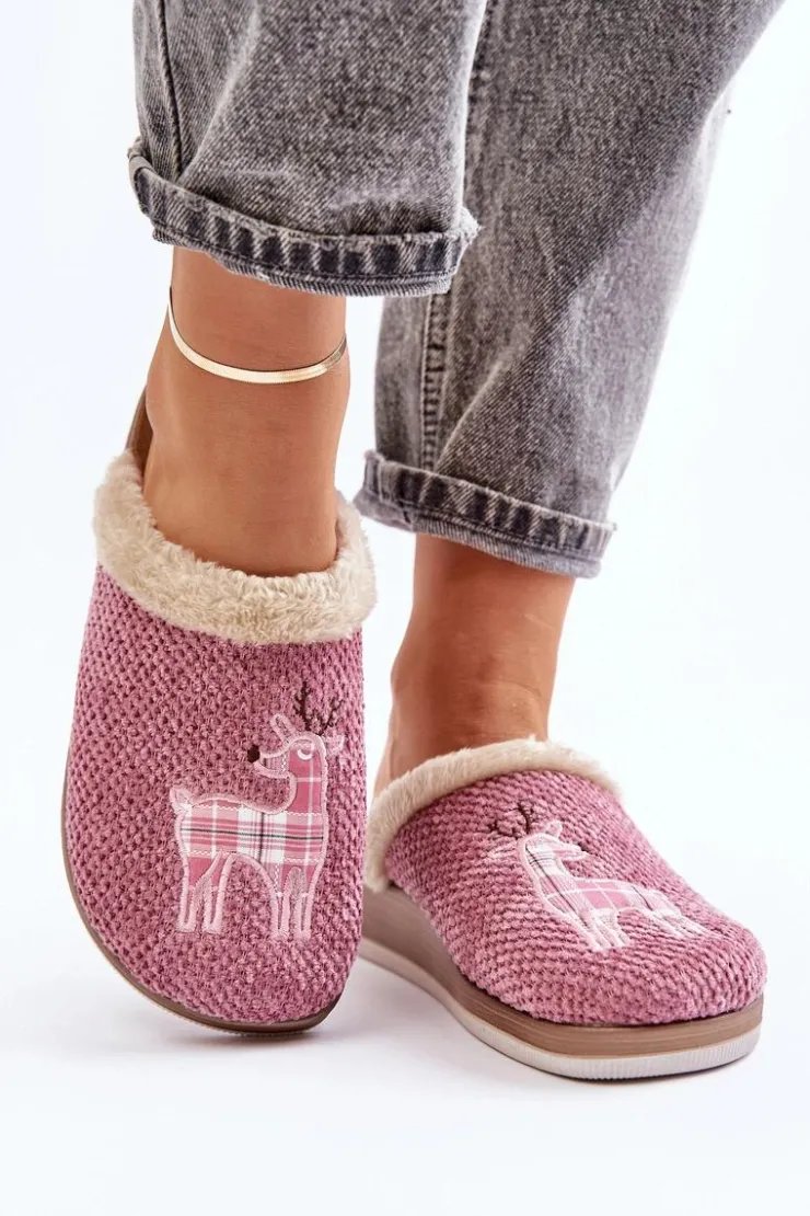 Damskie INBLU Kapcie Damskie Z Reniferem I Futerkiem CT000034 Różowe