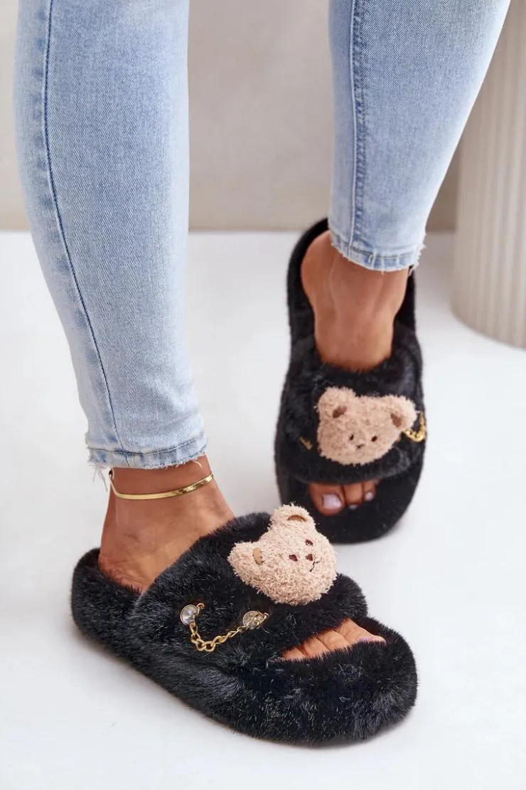Sale Boto Kapcie Futrzane Damskie Z Misiem I Ozdobnymi Elementami Czarne Innalise