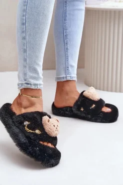 Sale Boto Kapcie Futrzane Damskie Z Misiem I Ozdobnymi Elementami Czarne Innalise