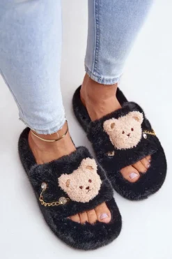 Sale Boto Kapcie Futrzane Damskie Z Misiem I Ozdobnymi Elementami Czarne Innalise