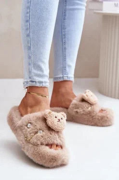 Outlet Boto Kapcie Futrzane Damskie Z Misiem I Ozdobnymi Elementami Beżowe Innalise