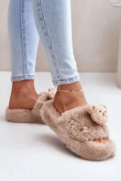 Outlet Boto Kapcie Futrzane Damskie Z Misiem I Ozdobnymi Elementami Beżowe Innalise