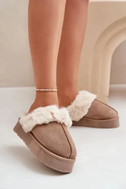 Boto Śniegowce Damskie|Kapcie Klasyczne*Kapcie Śniegowce Damskie Na Grubej Podeszwie Z Futerkiem Ciemnobeżowe Doriola Beżowy