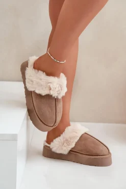 Boto Śniegowce Damskie|Kapcie Klasyczne*Kapcie Śniegowce Damskie Na Grubej Podeszwie Z Futerkiem Ciemnobeżowe Doriola Beżowy