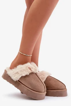 Boto Śniegowce Damskie|Kapcie Klasyczne*Kapcie Śniegowce Damskie Na Grubej Podeszwie Z Futerkiem Ciemnobeżowe Doriola Beżowy