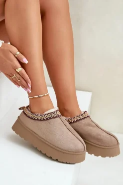 Boto Śniegowce Damskie|Kapcie Klasyczne*Kapcie Śniegowce Na Platformie Z Haftem Ciemnobeżowe Tamilda