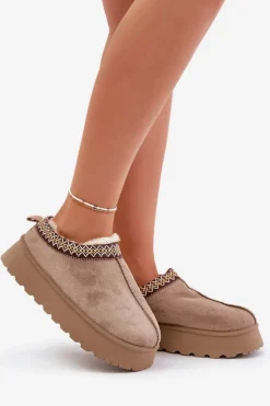 Boto Śniegowce Damskie|Kapcie Klasyczne*Kapcie Śniegowce Na Platformie Z Haftem Ciemnobeżowe Tamilda