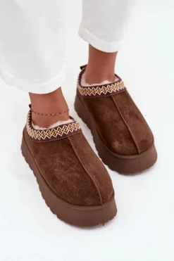 Boto Kapcie Śniegowce Na Platformie Z Haftem Brązowe Tamilda