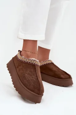 Boto Kapcie Śniegowce Na Platformie Z Haftem Brązowe Tamilda