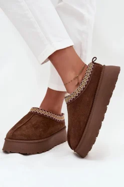 Boto Kapcie Śniegowce Na Platformie Z Haftem Brązowe Tamilda