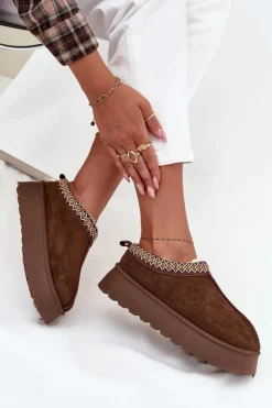 Boto Kapcie Śniegowce Na Platformie Z Haftem Brązowe Tamilda