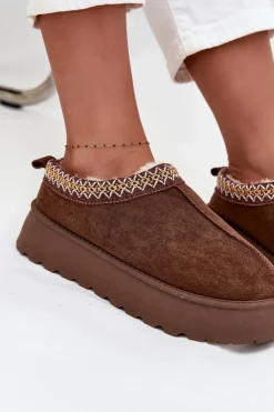 Boto Kapcie Śniegowce Na Platformie Z Haftem Brązowe Tamilda