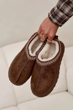 Boto Kapcie Śniegowce Na Platformie Z Haftem Brązowe Tamilda