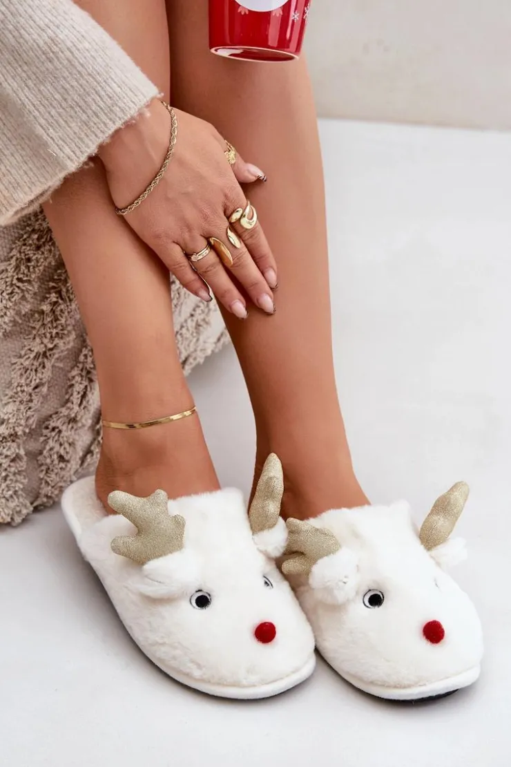 Damskie Boto Kapcie Świąteczne Z Motywem Renifera Futrzane Białe Asielle