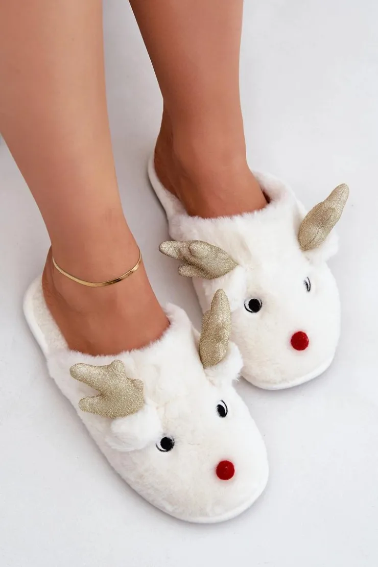 Damskie Boto Kapcie Świąteczne Z Motywem Renifera Futrzane Białe Asielle