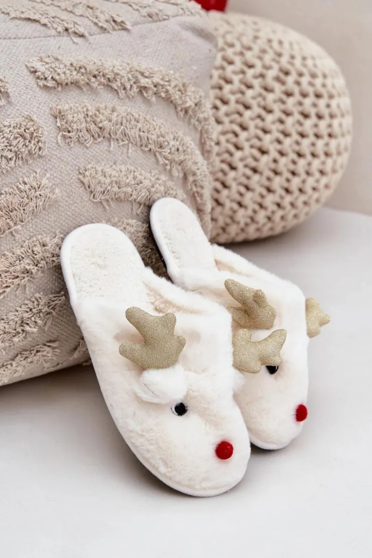 Damskie Boto Kapcie Świąteczne Z Motywem Renifera Futrzane Białe Asielle