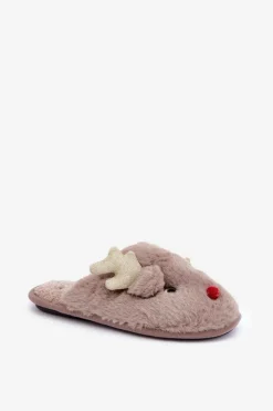 New Boto Kapcie Świąteczne Z Motywem Renifera Futrzane Ciemnobeżowe Asielle Beżowy