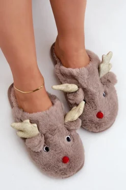 New Boto Kapcie Świąteczne Z Motywem Renifera Futrzane Ciemnobeżowe Asielle Beżowy