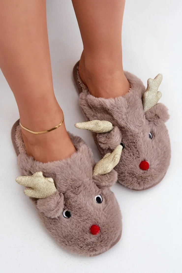 New Boto Kapcie Świąteczne Z Motywem Renifera Futrzane Ciemnobeżowe Asielle Beżowy