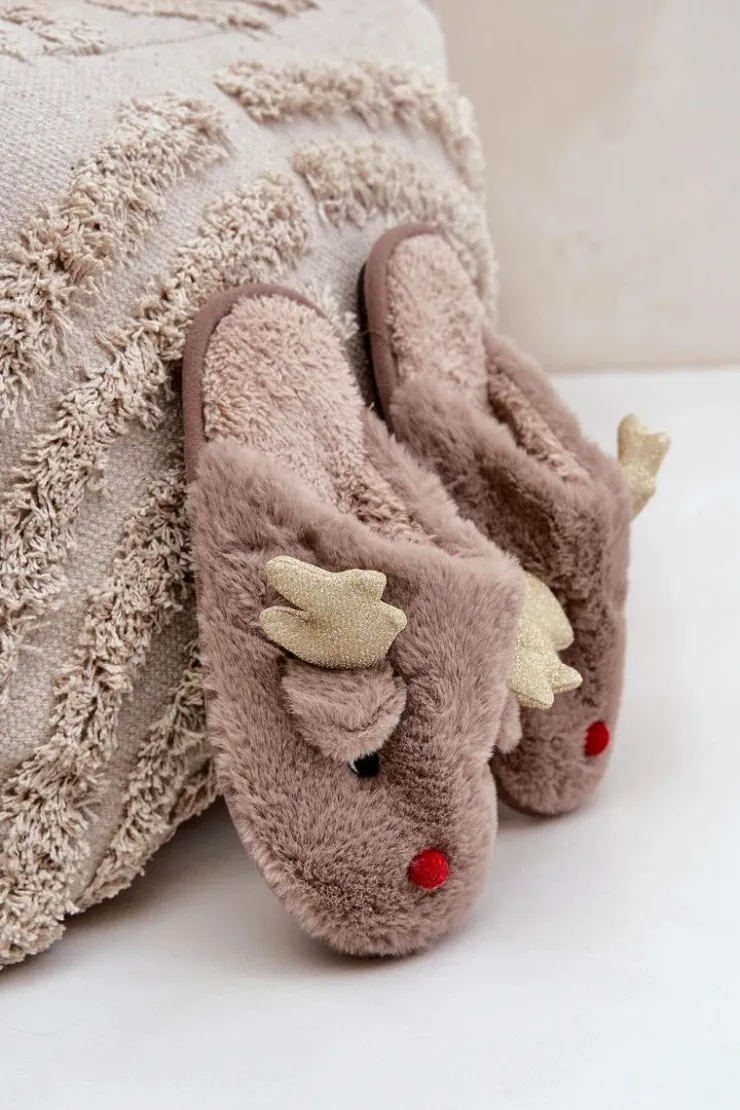 New Boto Kapcie Świąteczne Z Motywem Renifera Futrzane Ciemnobeżowe Asielle Beżowy